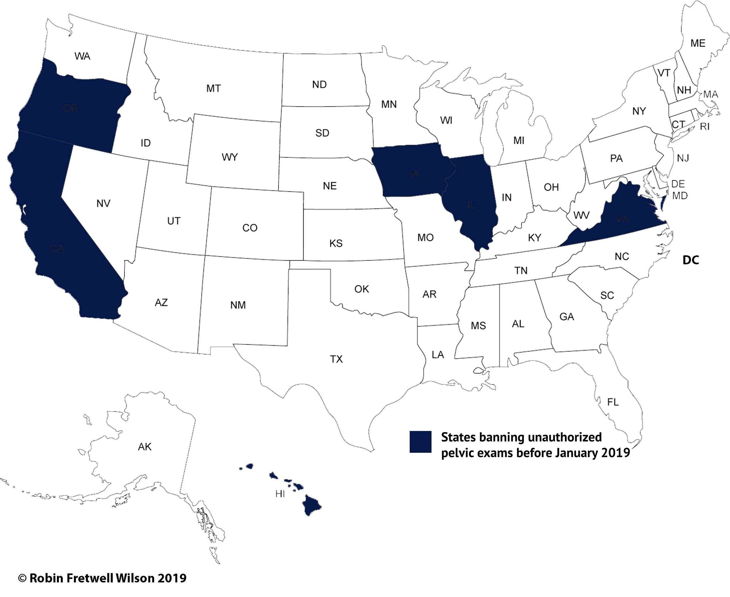 A map of states banning unauthorized pelvic exams before January 2019.